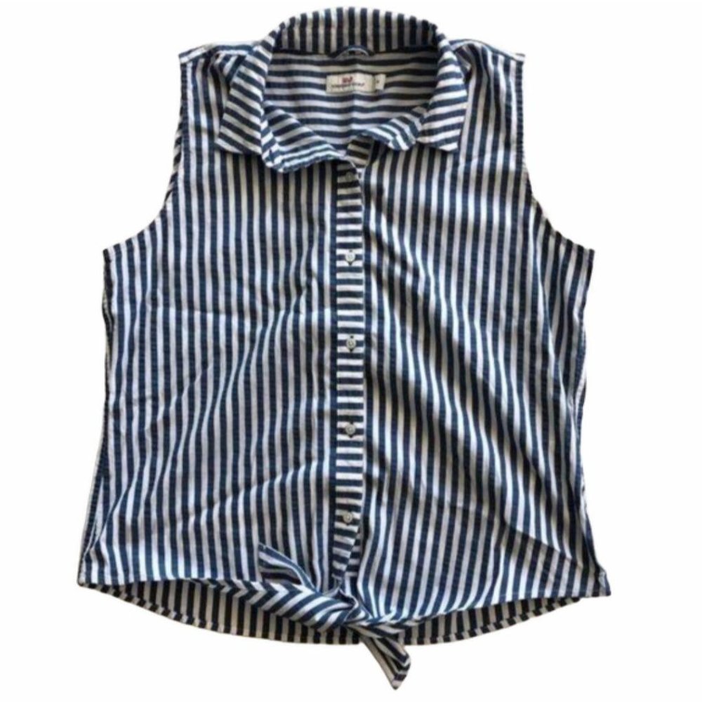 Vineyard Vines Blue and White Striped Sleeveless Button Front Tie Top